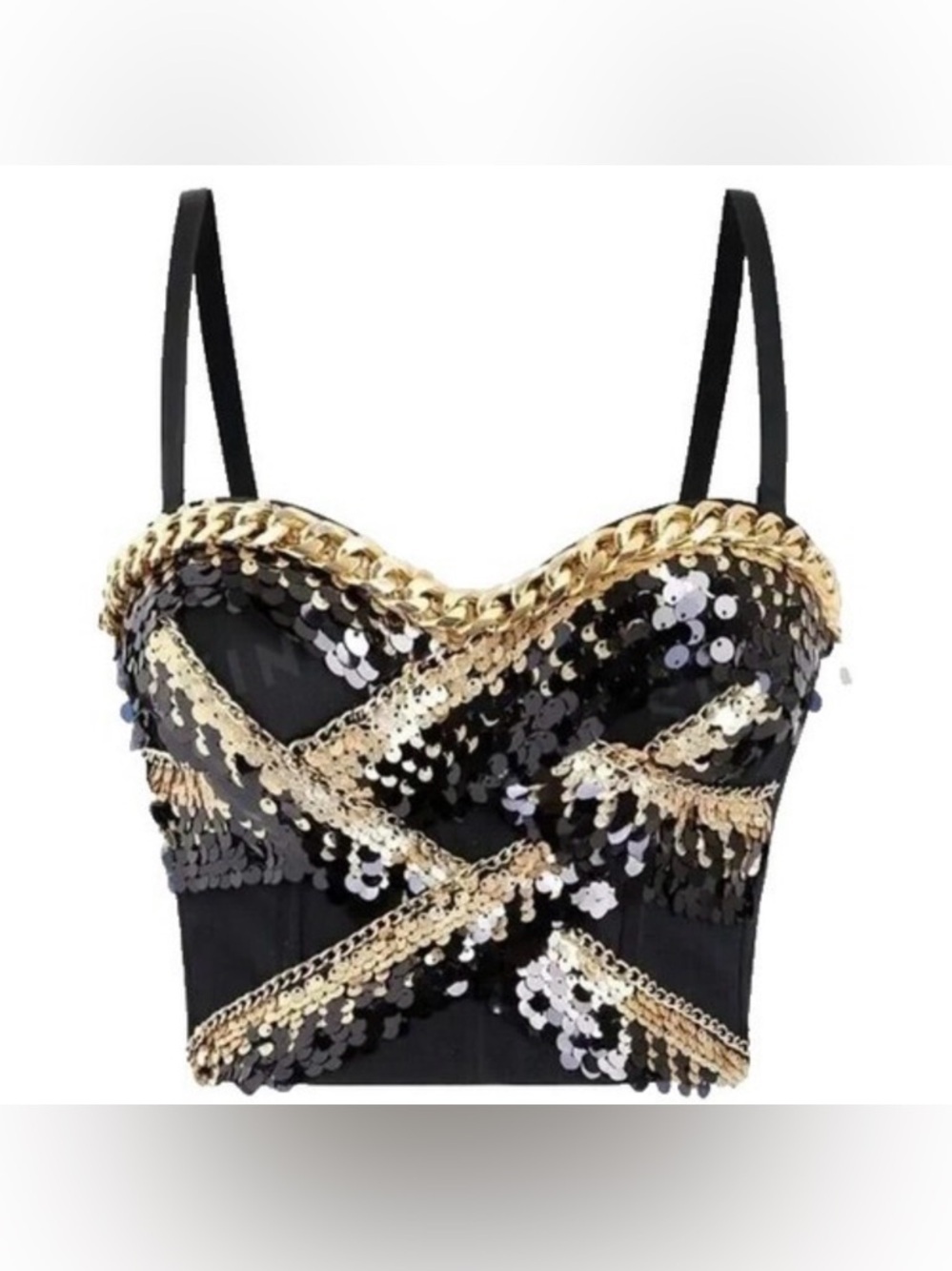 New Y2K Glam Black and Gold Sequin Bustier Crop Top size S